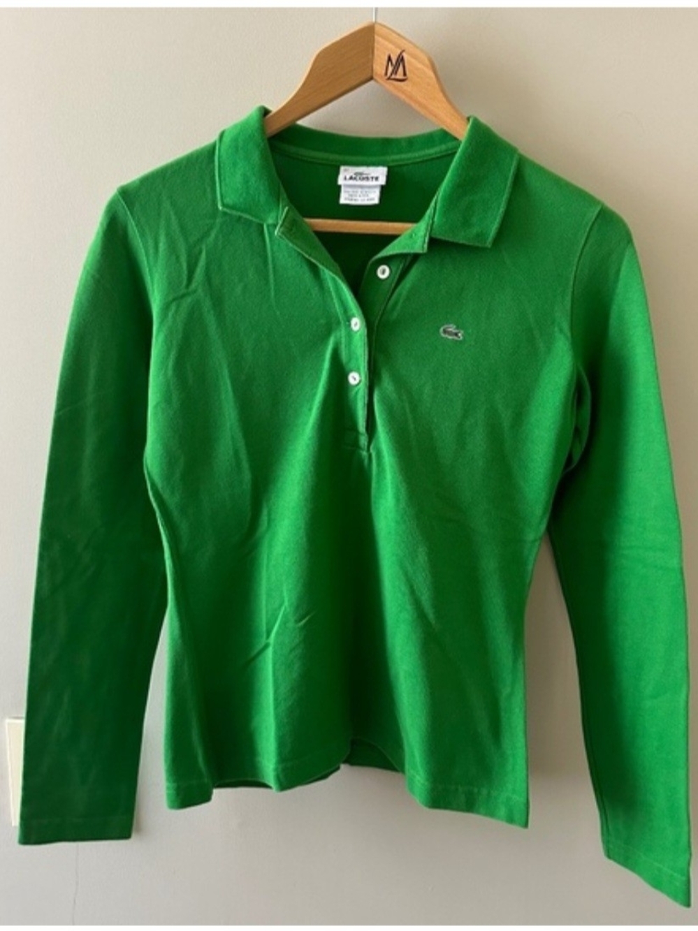 Lacoste Women's Bright Green Long-Sleeve V-Neck Polo Sweater Size 38/Med